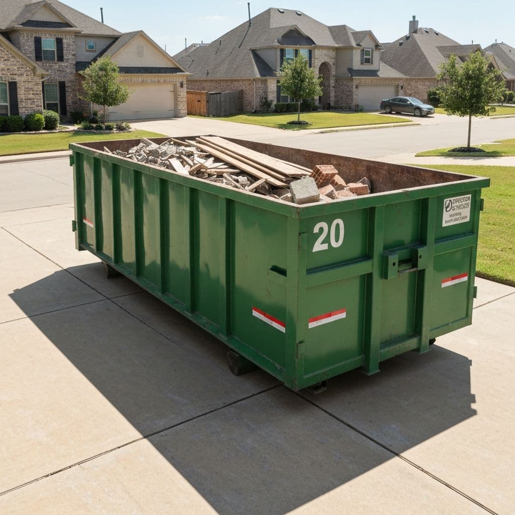 20-yard roll-off dumpster on a residential driveway